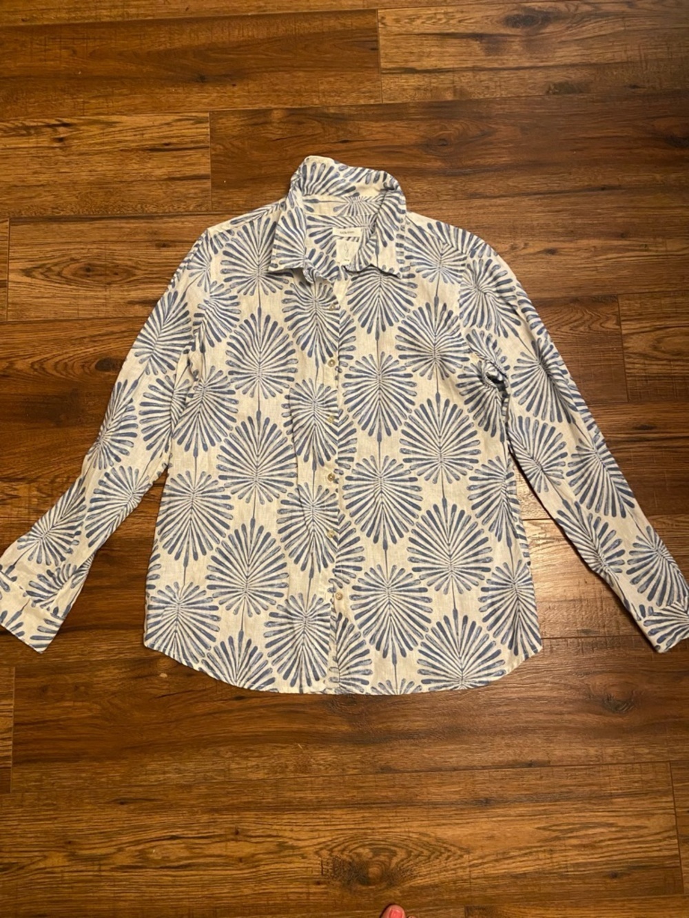 Joie Linen Palm Leaves Print Button Down Shirt Women’s Large Blue White Tropical